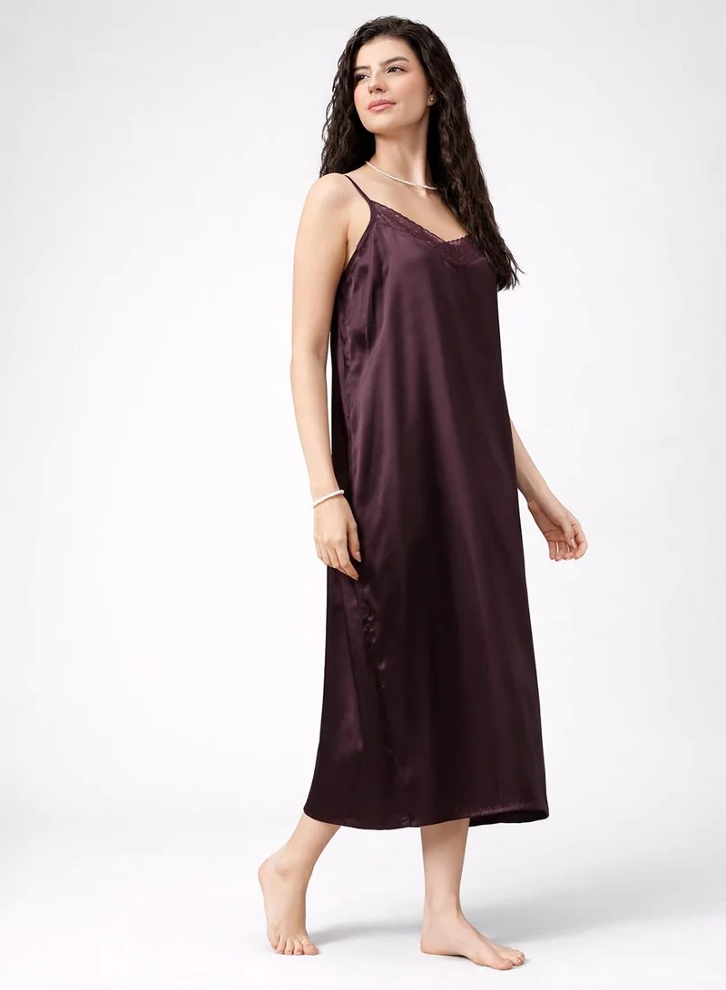 Clovia Purple Long Nighty & Robe Set in Wine Colour - Satin for Women | Best Price UAE